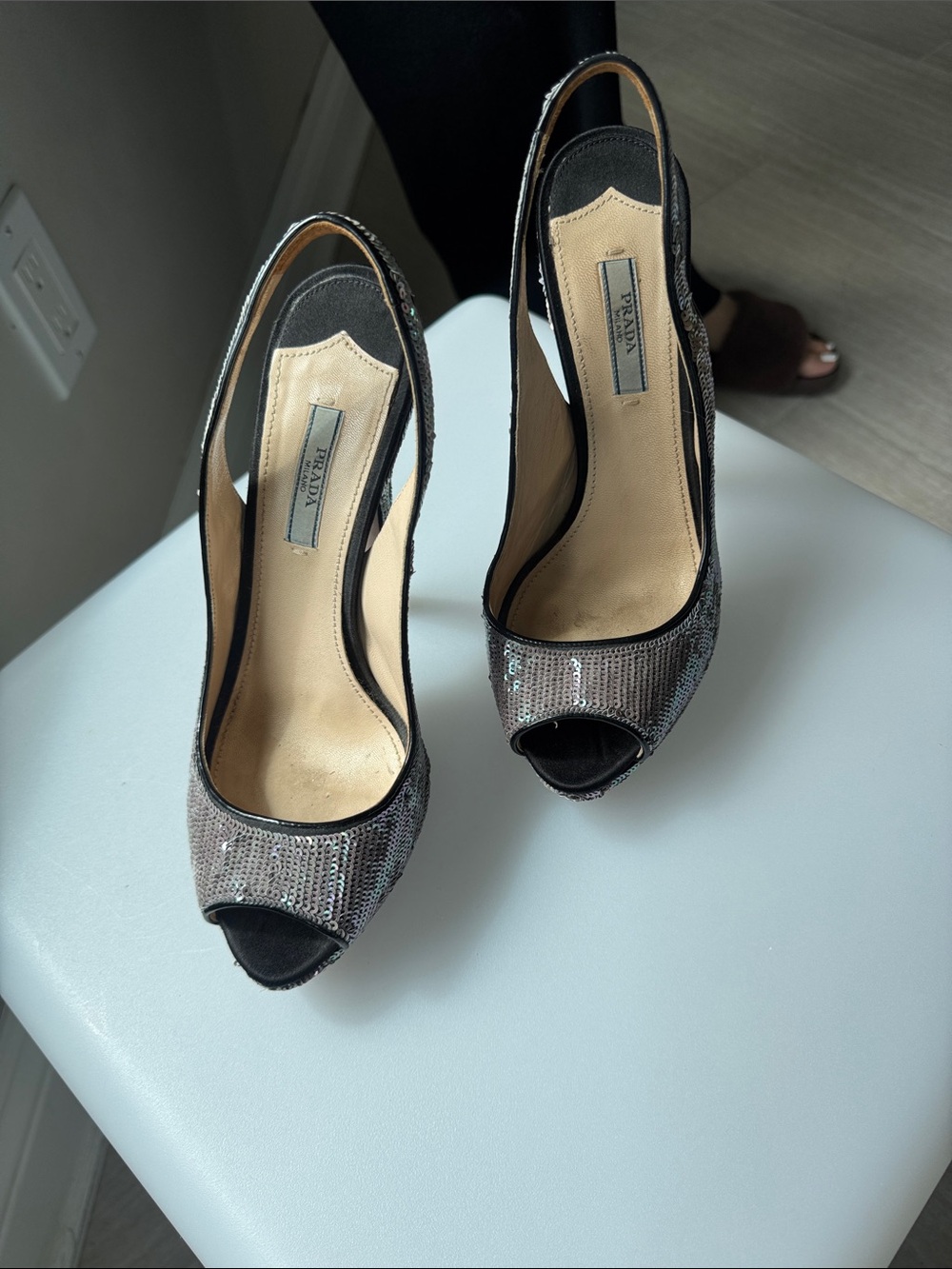 Prada Silver Sequined Peep-Toe Slingback Heels